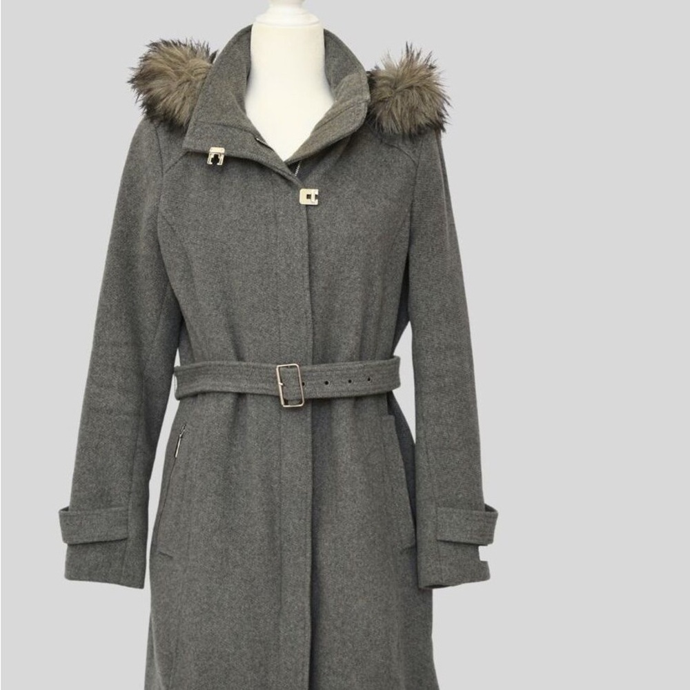 Gray Belted Women's Coat with Faux Fur Hood